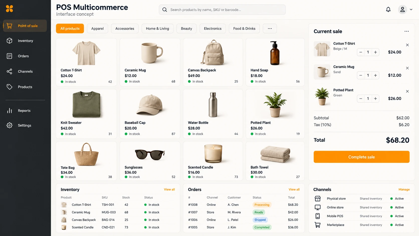 POS Multicommerce interface concept showing checkout, shared inventory, orders and sales channels